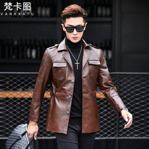 New leather leather jacket mens leather windbreaker suit suit collar head layer calfskin Haining leather jacket autumn and winter hunting jacket