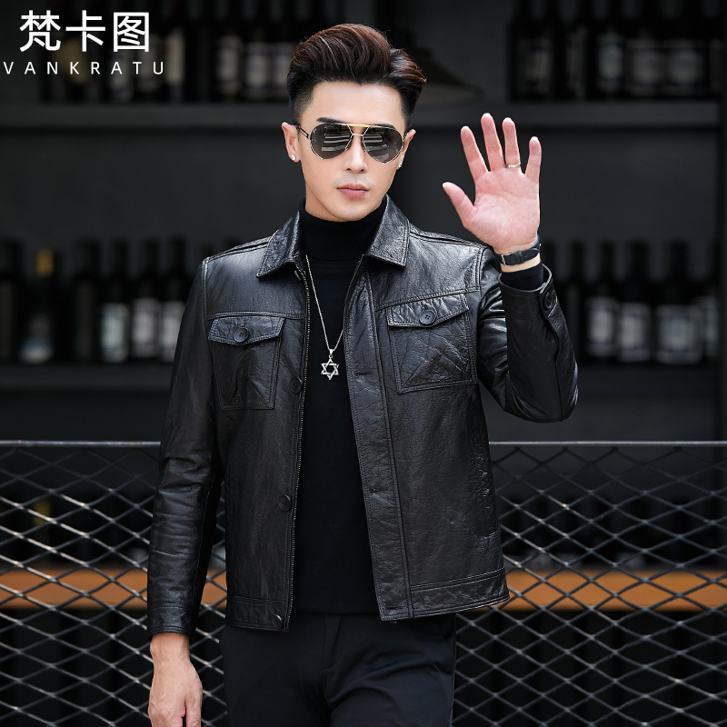 Haining Genuine Leather Jacket for Men, First Layer Cowhide, Pure Leather Jacket, Korean Style Trendy Coat, Short Slim Fit, Autumn and Winter with Fleece Lining