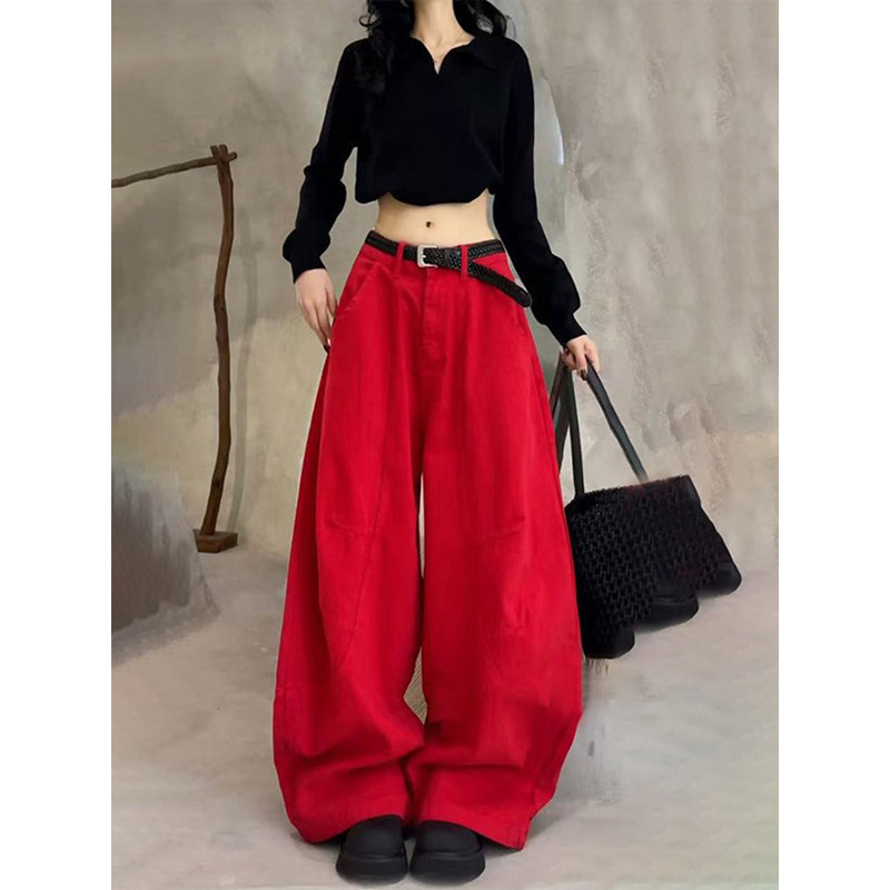 Red Scimitar-Style Work Jeans for Women, 2026 Spring and Autumn New Style, Loose Fit, Slimming, Pear-Shaped Body, Wide-Leg Pants That Cover the Hips Red Scimitar-Style Work Jeans for Women, 2026 Spring and Autumn New Style, Loose Fit, Slimming, Pear-Shaped Body, Wide-Leg Pants That Cover the Hips