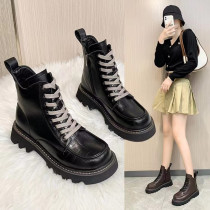 Leather thick bottom Martin boots womens 2022 new winter plus velvet Western style all-match net red popular British style short boots