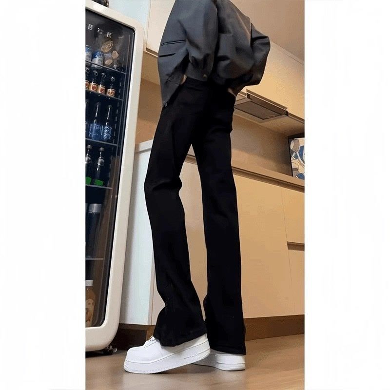 Pure Black Belt Jeans Men's Straight Slim Vibe Pants American High Street Crotch Lift Narrow Version Slightly Flared Pants