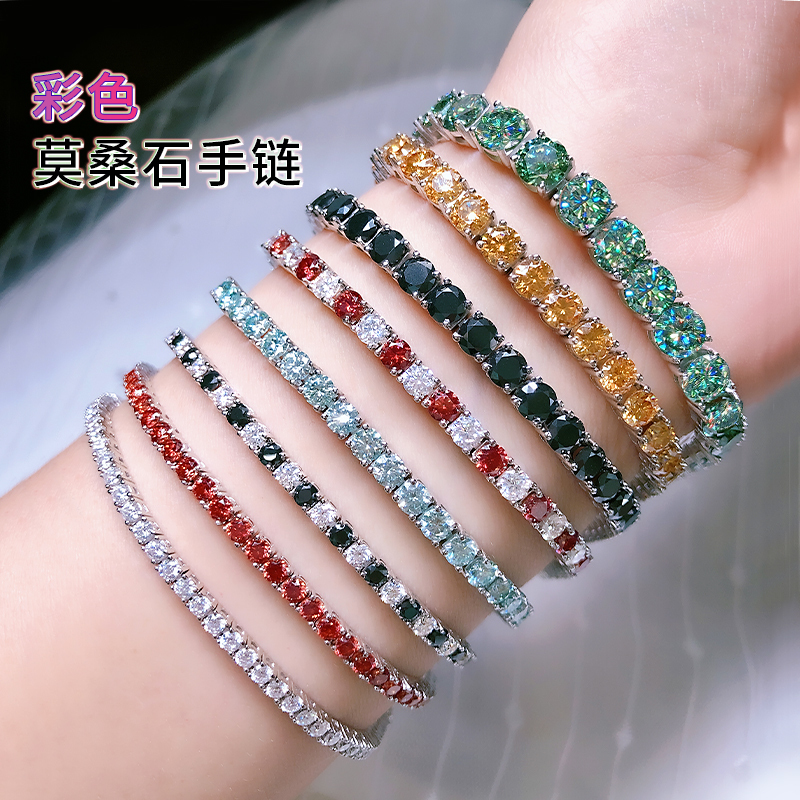 Dopamine Colored Diamond Moissanite Bracelet, Silver Full of Diamonds, Vintage Imitation Garnet Ruby, 18K Gold Plated, Gift for Women and Men