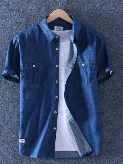 水洗牛仔衬衫男短袖纯棉夏季薄款宽松休闲上衣男装潮流半袖软衬衣