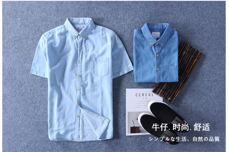 Quần áo denim nam phong cách Hàn Quốc hợp thời trang đẹp trai áo sơ mi ngắn tay giản dị mùa hè hoang dã áo cotton nửa tay - Áo