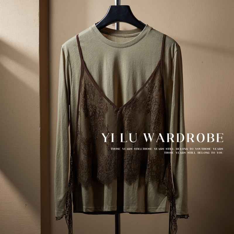 Designer Style Faux Two-Piece Lace Patchwork Shirt for Women, Autumn Versatile Loose Fit Slimming Round Neck Long Sleeve Top Designer Style Faux Two-Piece Lace Patchwork Shirt for Women, Autumn Versatile Loose Fit Slimming Round Neck Long Sleeve Top