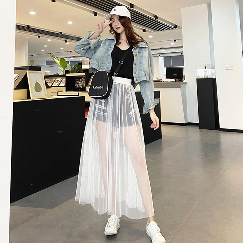 Versatile White Single-Layer Gauze Skirt for Women, Summer Transparent Overlay with a Layer of Mesh, High-Waisted Mid-Length Skirt, Fairy-Like