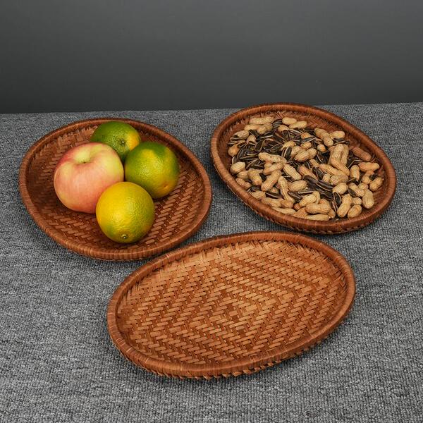 Bamboo Weaving Products Dustpan Handmade Smoked Bamboo Desktop Tray Fruit Tea Snack Nut Tray Bamboo Basket Bamboo Plate Oval Fruit Plate