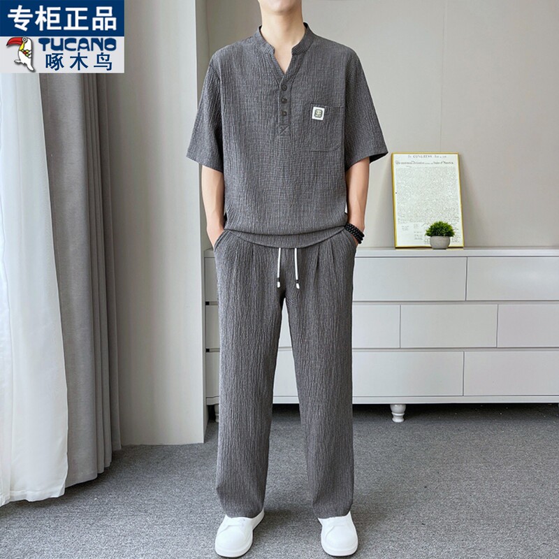 Woodpecker Men's Summer Short-Sleeve Stand Collar Ice Silk T-Shirt Two-Piece Set Loose Breathable Summer Casual Sports Suit
