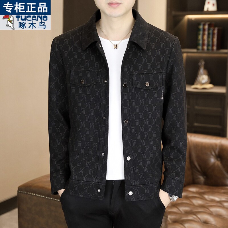 Woodpecker Brand Men's Spring, Autumn, and Winter Jacket, Short Style with Lapel, Fleece-Lined and Thickened, Trendy Casual Outerwear for Men