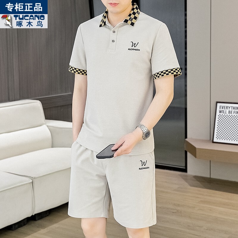 Woodpecker Men's Short-Sleeved Polo Shirt Suit Summer Casual Sports Two-Piece Trendy Summer Outfit T-Shirt and Shorts Set