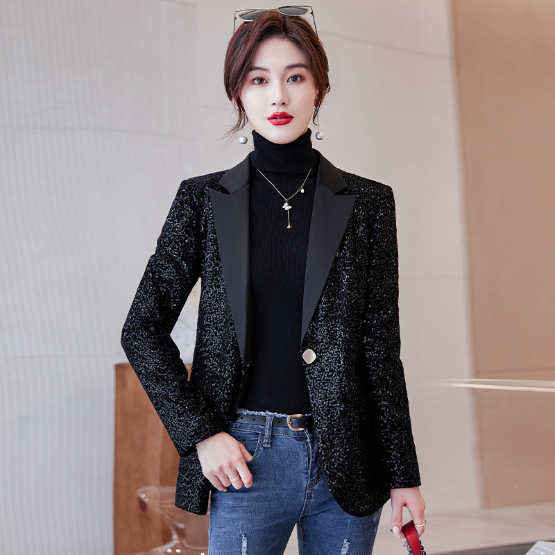 High-End Street Blazer for Women 2024 New Design Sequined Fashionable Black Suit Top