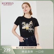 SCOFIELD WOMENs SUMMER retro simple CREW neck CHAIN print short sleeve cotton T-shirt SFLAB6405E