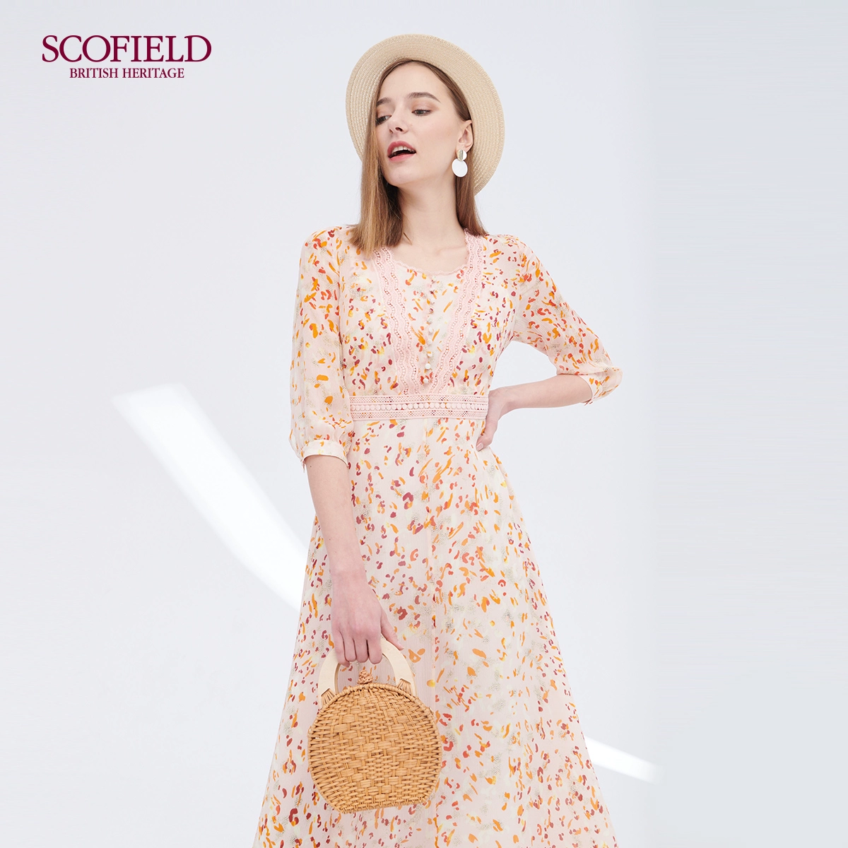 Thời trang nữ SCOFIELD In Đầm voan tay dài 3/4 Đầm mới SFOW96412L - Váy eo cao