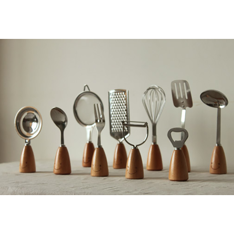 Wooden handle smiley face series stainless steel wooden fork spoon tableware set, cutter, bottle opener, corkscrew, egg beater