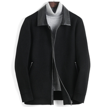 Autumn and winter leather collar stitching 100% double-sided wool coat mens short jacket woolen coat woolen coat coat tide
