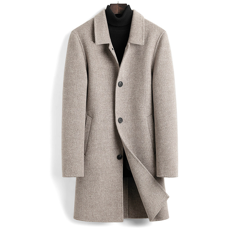 Autumn and winter large size 100% wool bifacial cashmere large coat men's medium long version wool coat mulberry silk liner