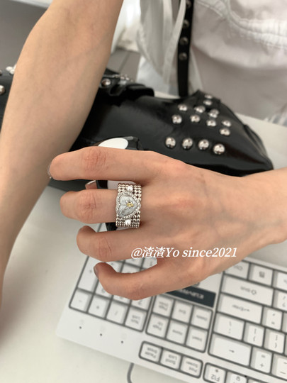 Chachayo Korean Style ins Simple and Versatile Heart Pearl Starburst Oil-Drip Wide Adjustable Open Ring