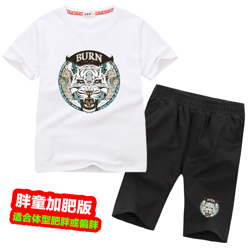 Fat Boy Set New 2020 Summer Big Kids Hai mảnh Thêm Fat Thêm ngắn tay áo thun quần short 12-15 tuổi.