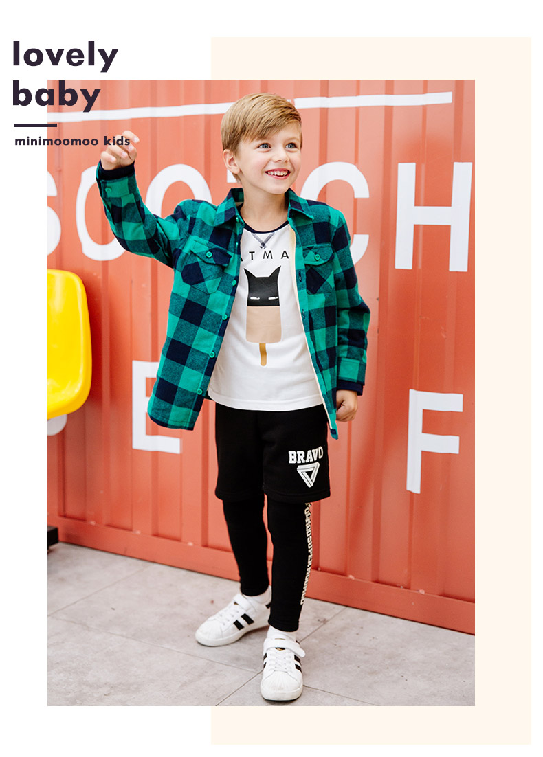 Moomoo trẻ em mặc áo sơ mi nam trẻ em cộng với áo nhung trong áo sơ mi dài tay kẻ sọc flannel trẻ em áo sơ mi trẻ em nữ đẹp