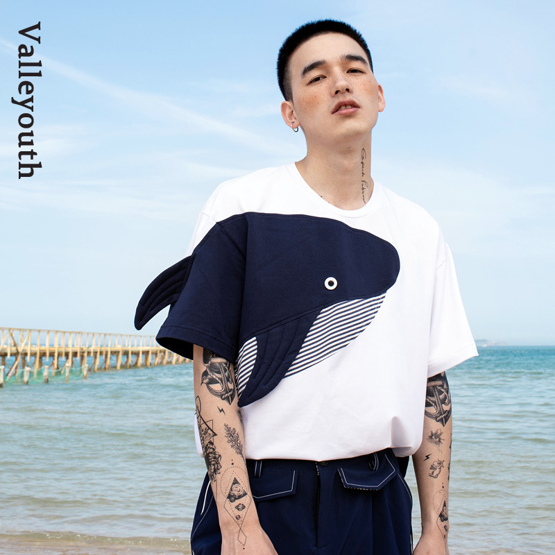 Blue Whale 3D Patchwork Drop Shoulder Loose Fit Summer Trendy Short-Sleeve T-Shirt Valley Youth Designer Men's Clothing