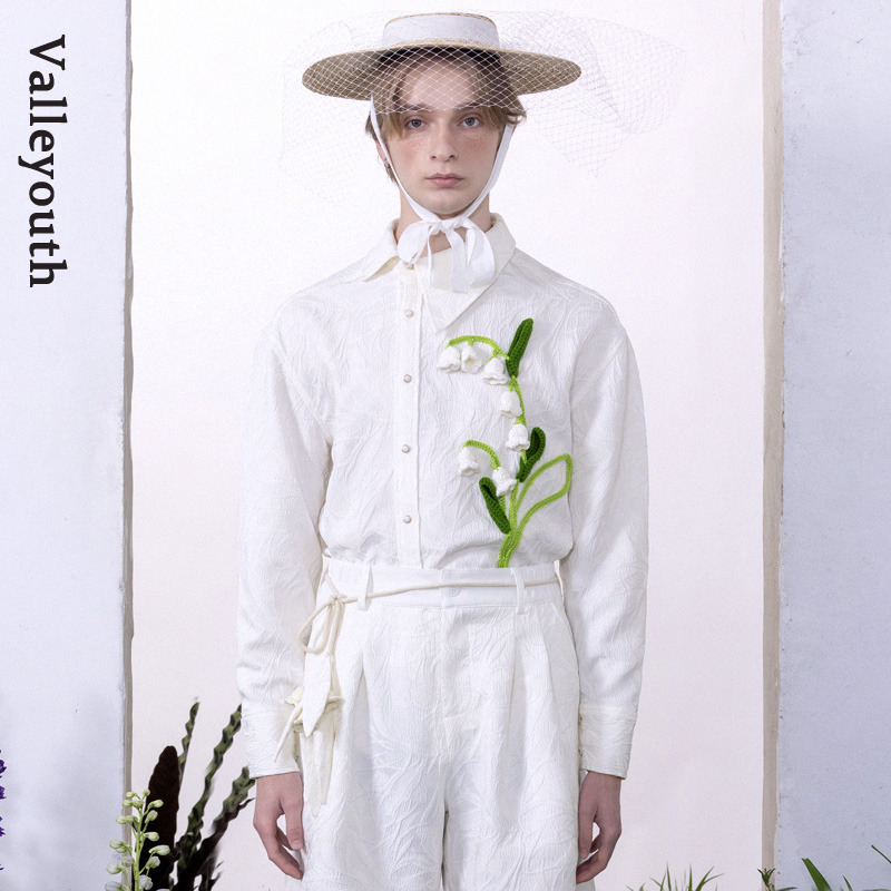 White Bell Retro Jacquard Three-Dimensional Handmade Crochet Texture Niche White Shirt, Original Men's Clothing by Valley Youth