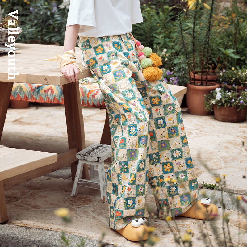 Qingyu Retro Floral Hand-Painted Checkered Print Hollow Straight-Leg Pants, Original Designer Brand by Valley Youth