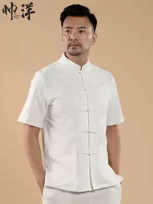 Tang suit men's short-sleeved shirt Cotton Chinese style Chinese style men's short-sleeved Hanfu shirt Tea suit ancient costume
