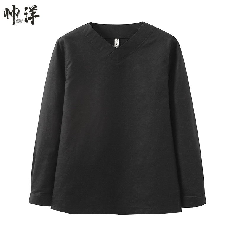 (break code) Chinese wind cotton linen men's T-shirt long sleeve autumn clothing Chinese vintage T-shirt male sleeve head V collar T zen