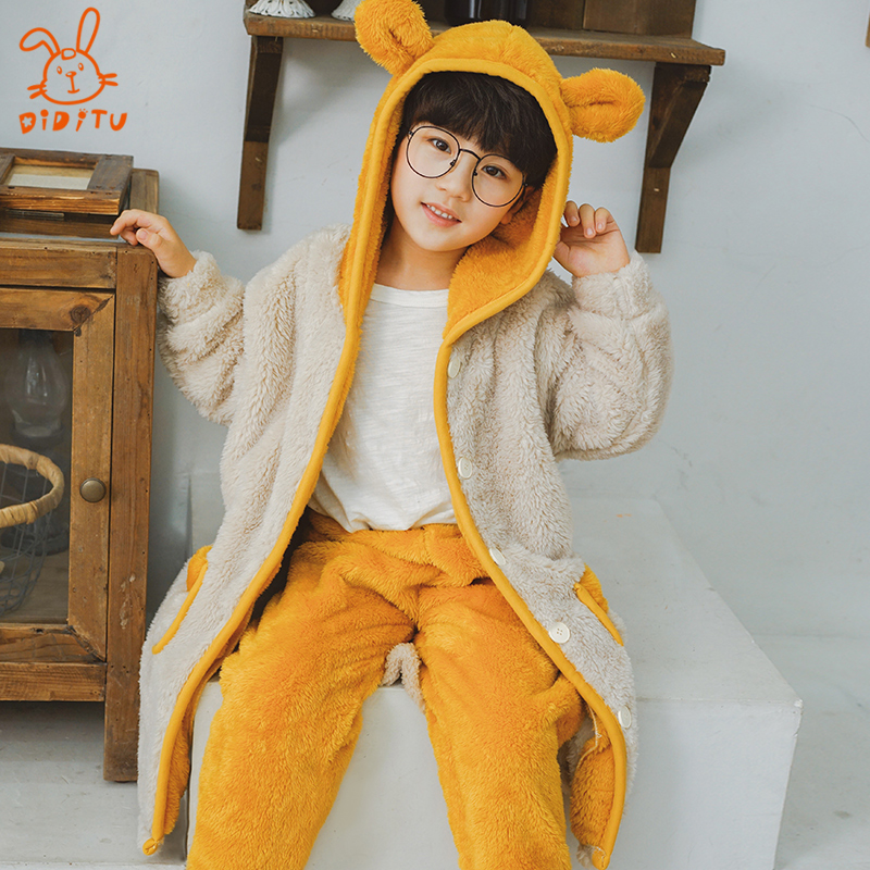 Children's Pajamas Coral Suede Winter Thickening of Flannel Boy Sleeping Robes Autumn Winter CUHK Child Toddler Bathrobe Suit