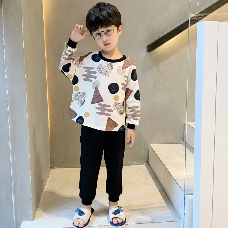 Boys spring and autumn pure cotton children's pajamas long-sleeved suit fashion pullover male treasure middle-aged children comfortable loose home clothes