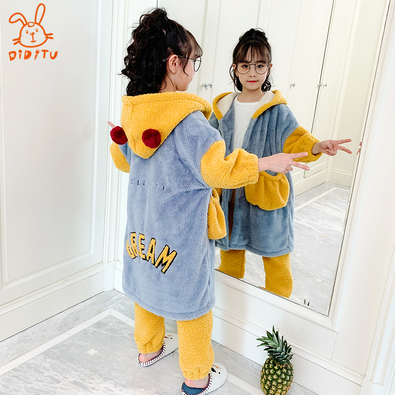Children's autumn and winter pajamas girls coral velvet winter thickened flannel nightgown medium and large children bathrobe set