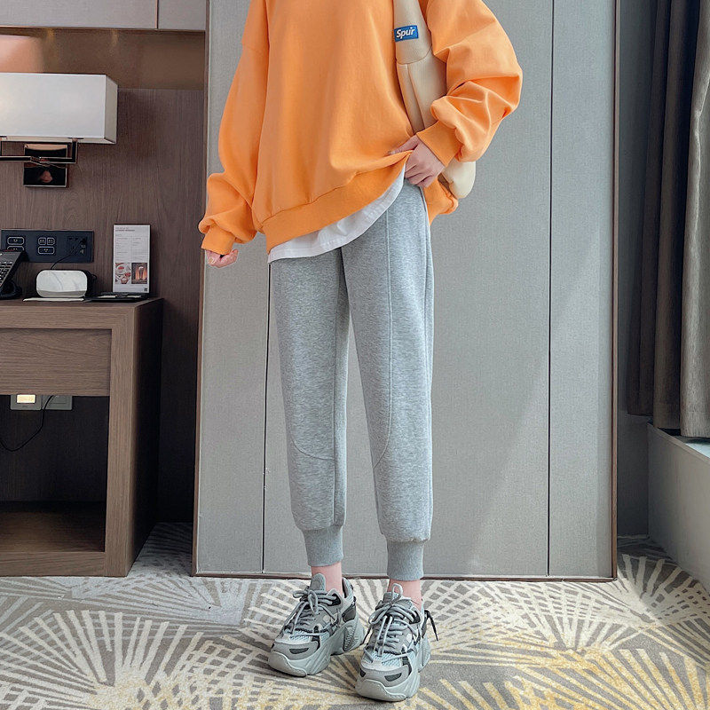 Grey sports pants female spring autumn small sub loose bunches high waist casual pants pure cotton 2021 new fashion pants