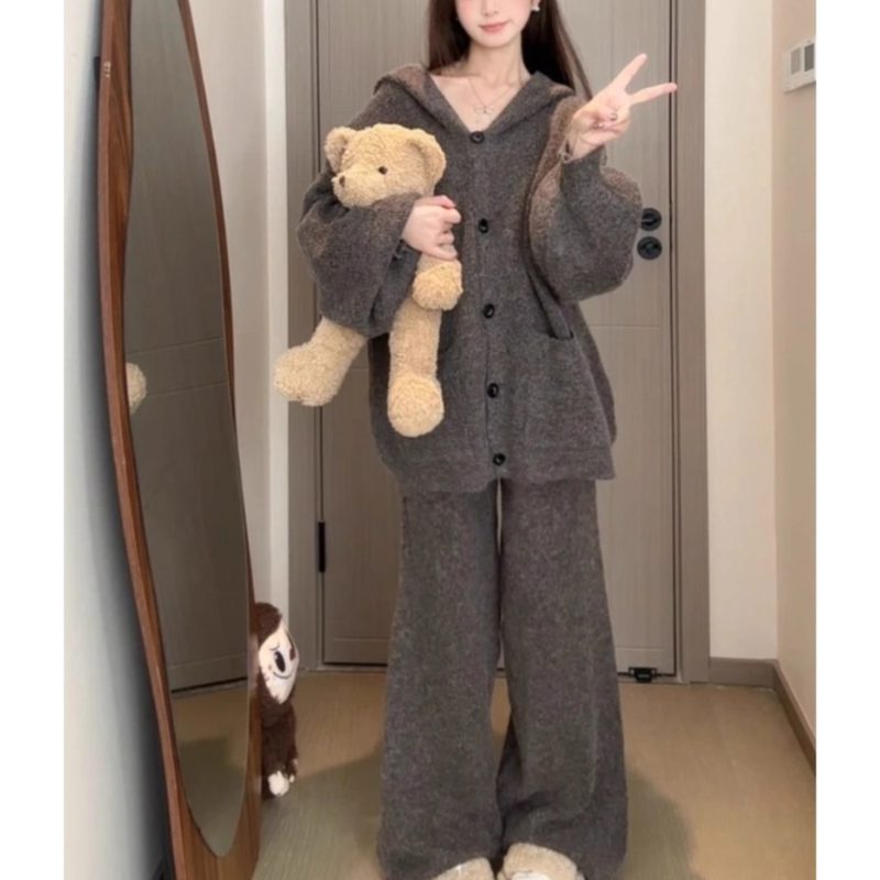 Lazy Style Gray Suit Loose Cardigan Knitted Jacket Women's Autum High-Waisted Casual Pants Straight-Leg Pants Two-Piece Set Lazy Style Gray Suit Loose Cardigan Knitted Jacket Women's Autum High-Waisted Casual Pants Straight-Leg Pants Two-Piece Set
