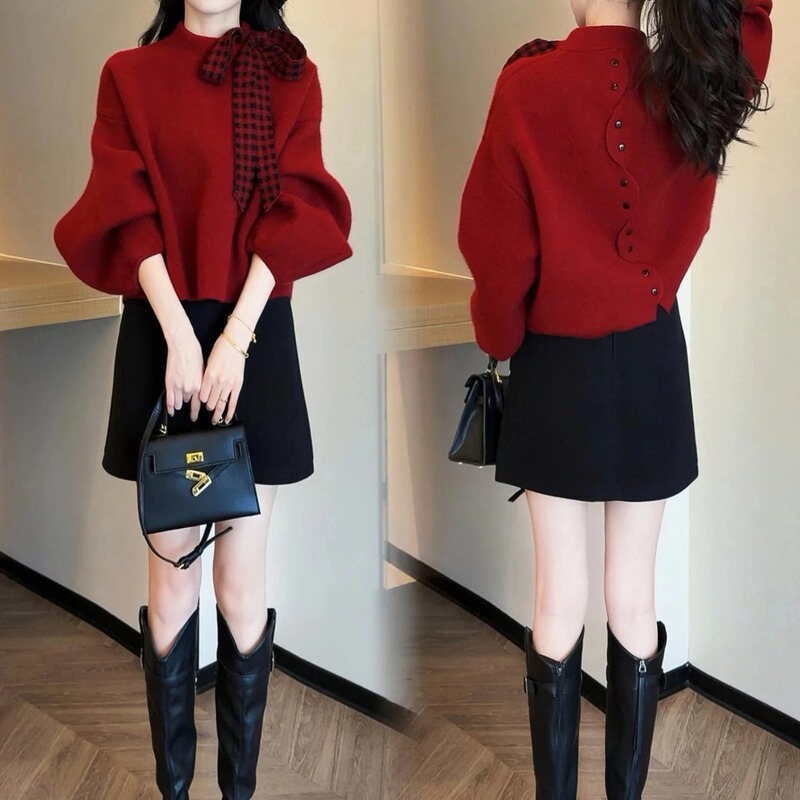 Red Sweater with Back Button and Ribbon for Women, Winter Thickened, Lazy Style, High-End Feel, Loose Design, Knitted Top