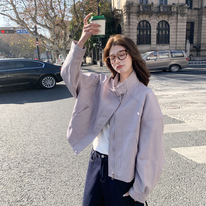 Unique and Minimalist Pu Leather Jacket for Women, Early Spring New Style, Purple Stand Collar, Loose Fit, Slimming Effect, Petite Jacket