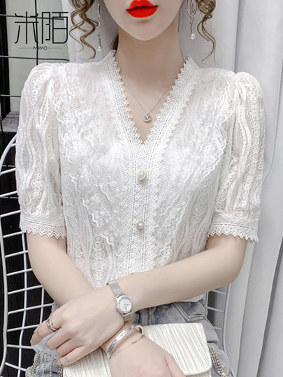 Summer Chiffon Blouse for Women 2025 New Style Elegant Short-Sleeve Lace Top Fashionable Chic Blouse Trendy