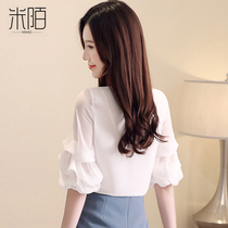 Mid-Sleeve Chiffon Shirt Womens Spring and Autumn 2021 New Joker Short Top Western Shirt