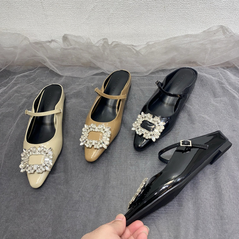 2025 New Style Rhinestone Square Buckle Closed-Toe Half-Slipper Women's Patent Leather Outerwear New Chinese Style Height-Increasing Sandals with Wedge Heel in National Style
