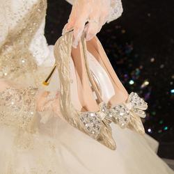 法式主婚纱新娘鞋子2023年新款蝴蝶结高跟鞋女细跟水晶鞋气质单鞋