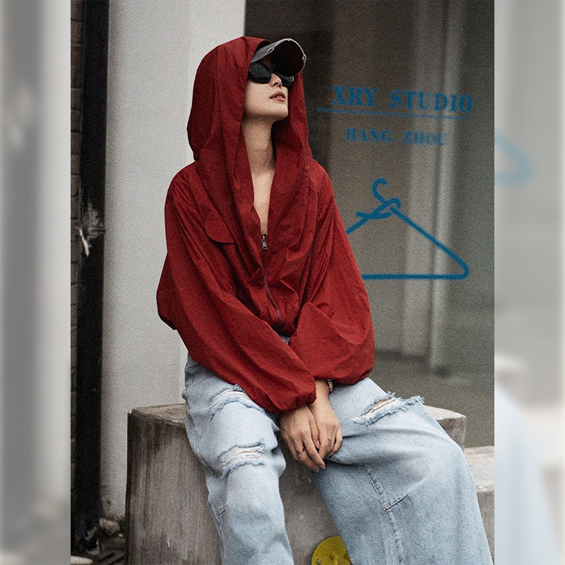 High-End and Super Stylish Top, Very Popular Korean Style Casual Outdoor Sports Red Thin Hooded Sun Protection Jacket for Summer