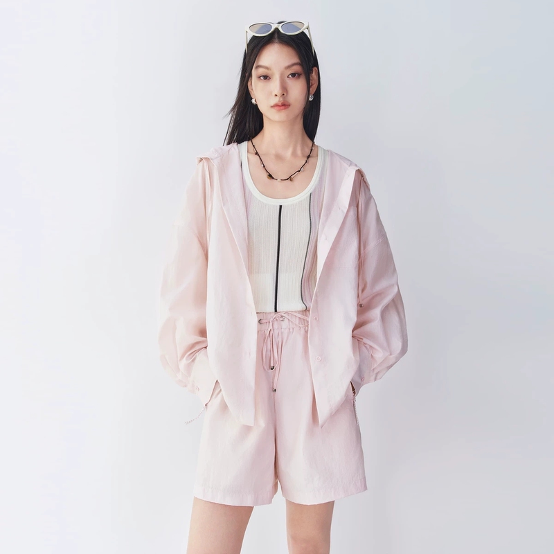 Same Style as in the Mall, 2026 Summer Casual Loose Pink Hooded Long-Sleeve Shirt and Shorts Set for Women A3Cag2430