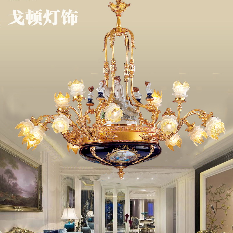 Gordon Lighting French-Style All-Copper Ceramic Pastoral Chandelier for Villa Duplex Luxury European-Style Palace Lobby with Open Ceiling