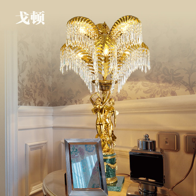 Gordon Lighting French-Style All-Copper Crystal Table Lamp Villa Luxury Living Room Bedroom Study European-Style Marble Palm Leaf
