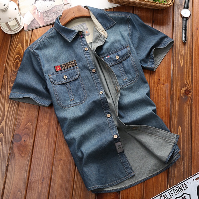 Workwear American Retro Men's Pure Cotton Short-Sleeved Denim Shirt Loose Summer New Hong Kong Style Top Trendy Men's Clothing Workwear American Retro Men's Pure Cotton Short-Sleeved Denim Shirt Loose Summer New Hong Kong Style Top Trendy Men's Clothing