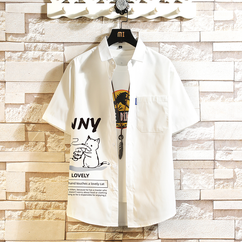 Large Size Japanese Cartoon Print Short-Sleeved Shirt for Men, Summer Thin Loose Trendy Casual Youth Shirt Jacket