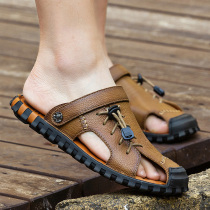 2022 new Summer Baotou sandals mens genuine leather trendy casual Soft-bottom Dual-use deodorant for mens cool slippers