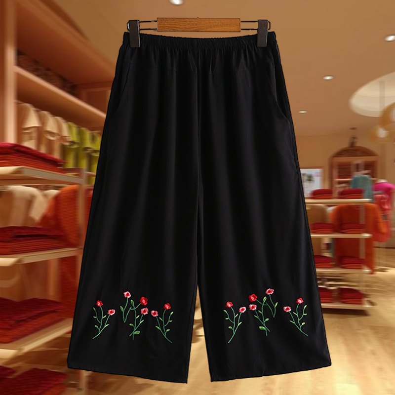 Mom's Summer Clothing, Three-Quarter Wide-Leg Pants for Women, Plus-Size Women's Summer Style, Middle-Aged and Elderly Summer Pants, Thin Style, Grandma's Summer Wear
