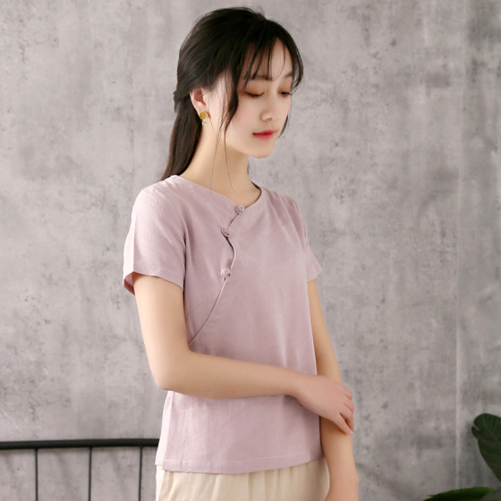 Republic of China style women's summer cotton and linen shirt Chinese style retro buckle loose tea dress women's cheongsam top short diagonal placket