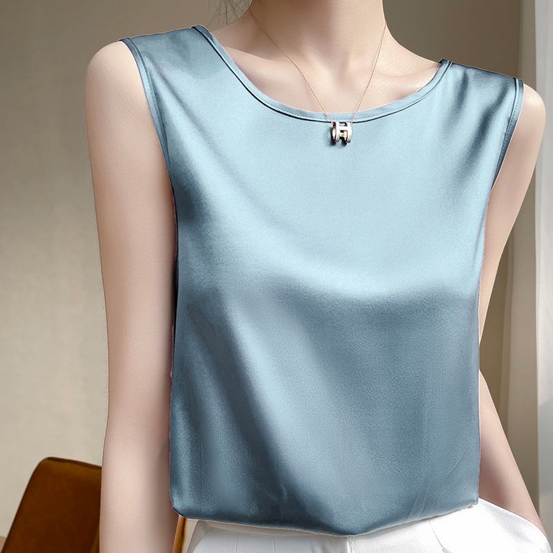 Imitation Acetate Round Neck Sleeveless Loose Sexy Camisole Women's Inner Wear Vest Base Layer Imitation Silk Spring and Summer New T-Shirt Top