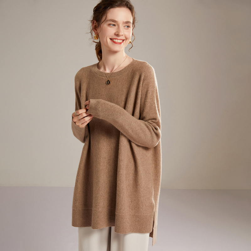 High-End Mid-Length Round-Neck Loose Plus-Size 100% Pure Cashmere Sweater for Women with Dropped Shoulder Sleeves, Autumn and Winter Base Knitwear High-End Mid-Length Round-Neck Loose Plus-Size 100% Pure Cashmere Sweater for Women with Dropped Shoulder Sleeves, Autumn and Winter Base Knitwear